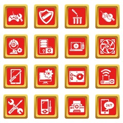 Computer repair service icons set red square vector