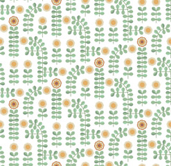 Ornamental seamless pattern with leaf and flowers. Cute print in scandinavian style.The image is made in the style of spring things. Abstract background. Ornamental, traditional, simple.