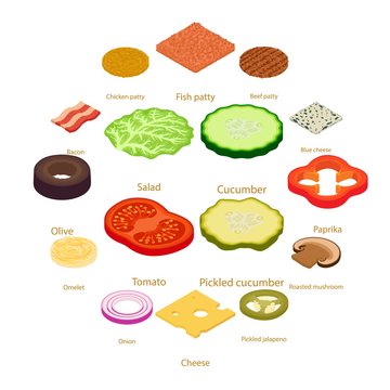 Slice food icons set, isometric style