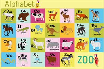 English alphabet with animals on a yellow background