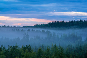 Misty summer night landscape with colorful cloudy sky