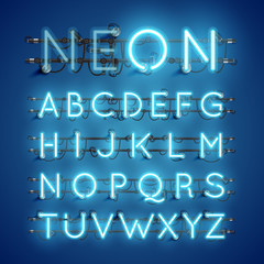 Realistic neon font with wires and console, vector illustration - obrazy, fototapety, plakaty
