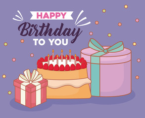 Happy birthday design with gift boxes and birthday cake over purple background, colorful design. vector illustration