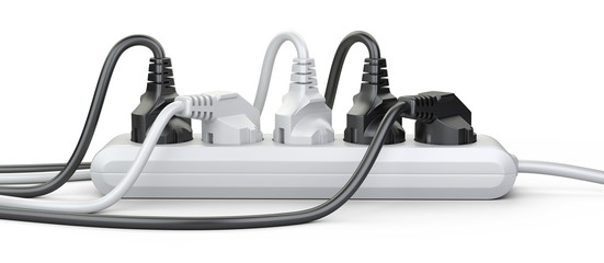 The electrical extension strip with connected power plugs front view.
