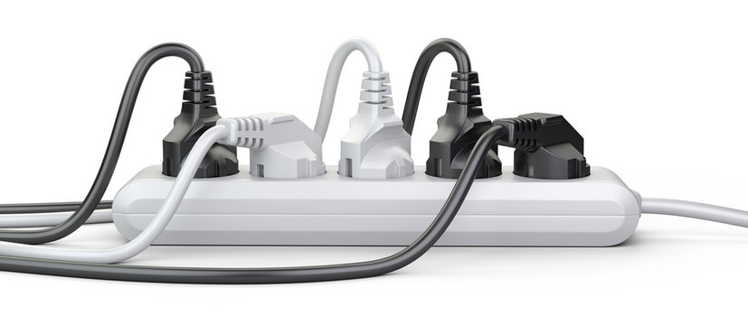 The electrical extension strip with connected power plugs front view.