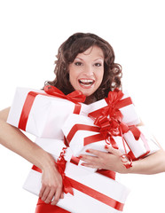 Portrait of young happy smiling woman hold  gift boxes
