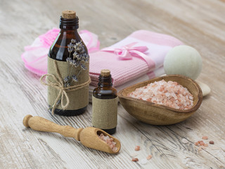 lavender oil on a wooden table. 
