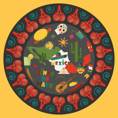 illustration in flat_1_ style circular ornament on isolated Mexican elements background