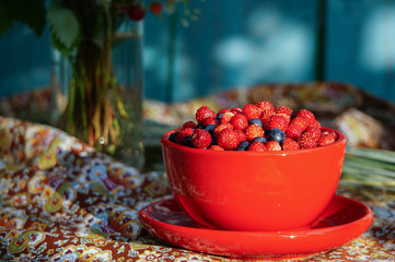 wild blueberries and strawberries in the red cup