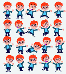 Cartoon character white boy with a glasses. Set with different postures, attitudes and poses, doing different activities in isolated vector illustrations.