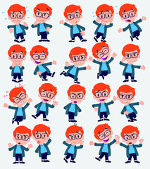 Cartoon character white boy with a glasses. Set with different postures, attitudes and poses, doing different activities in isolated vector illustrations.