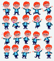 Cartoon character white boy with a glasses. Set with different postures, attitudes and poses, doing different activities in isolated vector illustrations.