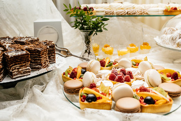 Dessert table for a party. Ombre cake, cupcakes, sweetness and f