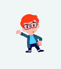 White boy with glasses something angry shows something to his right.