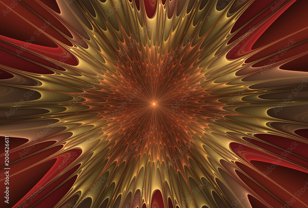 Wall mural Beautiful fractal abstract explosion star illustration - red and yellow - background, Fractal explosion star with gloss and lines, Flash light