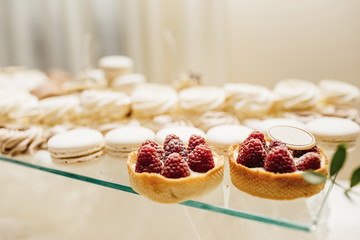 Candy bar with macarons, cakes, cheesecakes, cake pops. Colorful