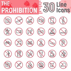Prohibition line icon set, forbidden symbols collection, vector sketches, logo illustrations, ban signs linear pictograms package isolated on white background, eps 10.
