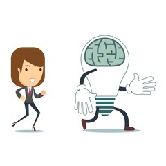 businesswoman run after idea bulb . Choices Idea and Decision concept. Stock flat vector illustration.