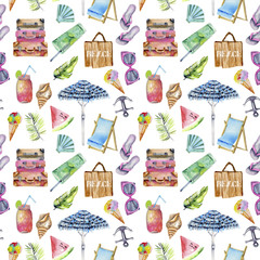 Summer, sea, beach watercolor elements seamless pattern, hand painted on a white background