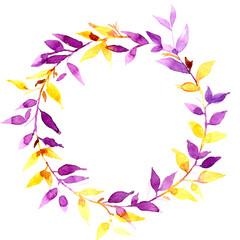 Fototapeta na wymiar Watercolor circle leaf frame with gold and violet colors.