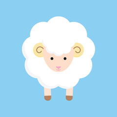 Fluffy cute sheep, lamb, ram with horns vector graphic illustration, isolated on blue background.