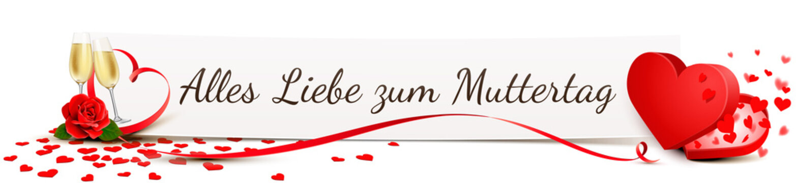 Alles Liebe zum Muttertag - Banner mit Herz Schachtel, Rose, Herz Konfetti und Sekt