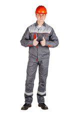 Male builder over white wall background. repair, construction, building, people and maintenance concept.