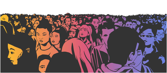 Drawing of large mixed ethnic city crowd