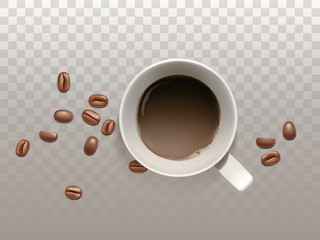 Vector 3d realistic small cup of coffee with coffee beans, top view, isolated on translucent background. White mug with hot, strong drink, espresso, cappuccino or latte. Mockup for brand advertising