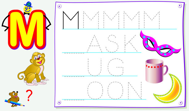 Educational page for young children with letter M for study English. Developing skills for writing and reading. Vector cartoon image.