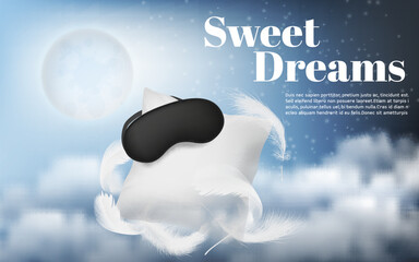 Vector promotion banner with realistic white pillow, blindfold, feathers, isolated on blue night background with moon and clouds. Soft cushion and black mask for comfortable sleep and sweet dreams