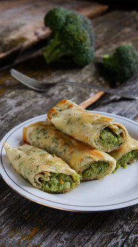 pancakes with broccolli, rustic style