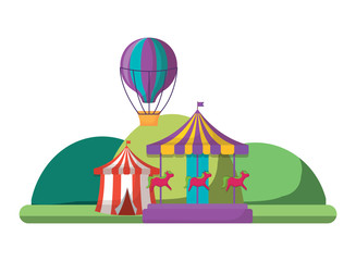 circus tent with hot air balloon and carousel over white background, colorful design.vector illustration