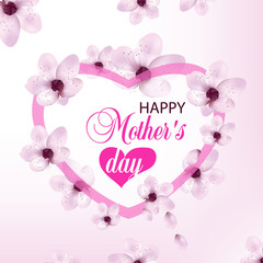 Light background Mothers day with cherry flowers and heart. Design for posters, banners or cards. Vector illustration.