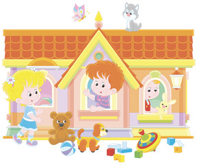 Little children playing in a toy house on a playground, vector illustration in a cartoon style
