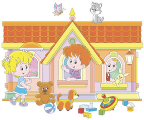 Little children playing in a toy house on a playground, vector illustration in a cartoon style