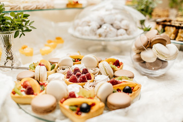 Candy bar with macarons, cakes, cheesecakes, cake pops. Colorful