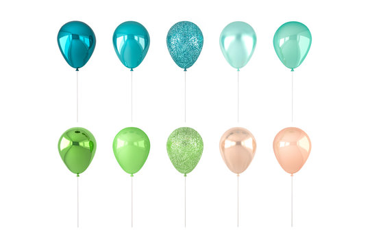 Set of 3D render blue, green and golden balloons isolated on white background. Trendy realistic design 3d elements in pastel colors for birthday, presentation, promo, party or other events.