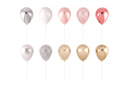 Set of 3D render pink, silver and golden balloons isolated on white background. Trendy realistic design 3d elements in pastel colors for birthday, presentation, promo, party or other events.