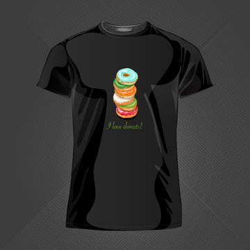 Original print for t-shirt. Black t-shirt with fashionable design - Yummy donuts. Vector Illustration