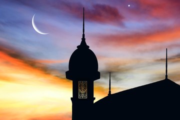 Religion background . Red sunset and moon . Against the background of clouds . beautiful sky ....