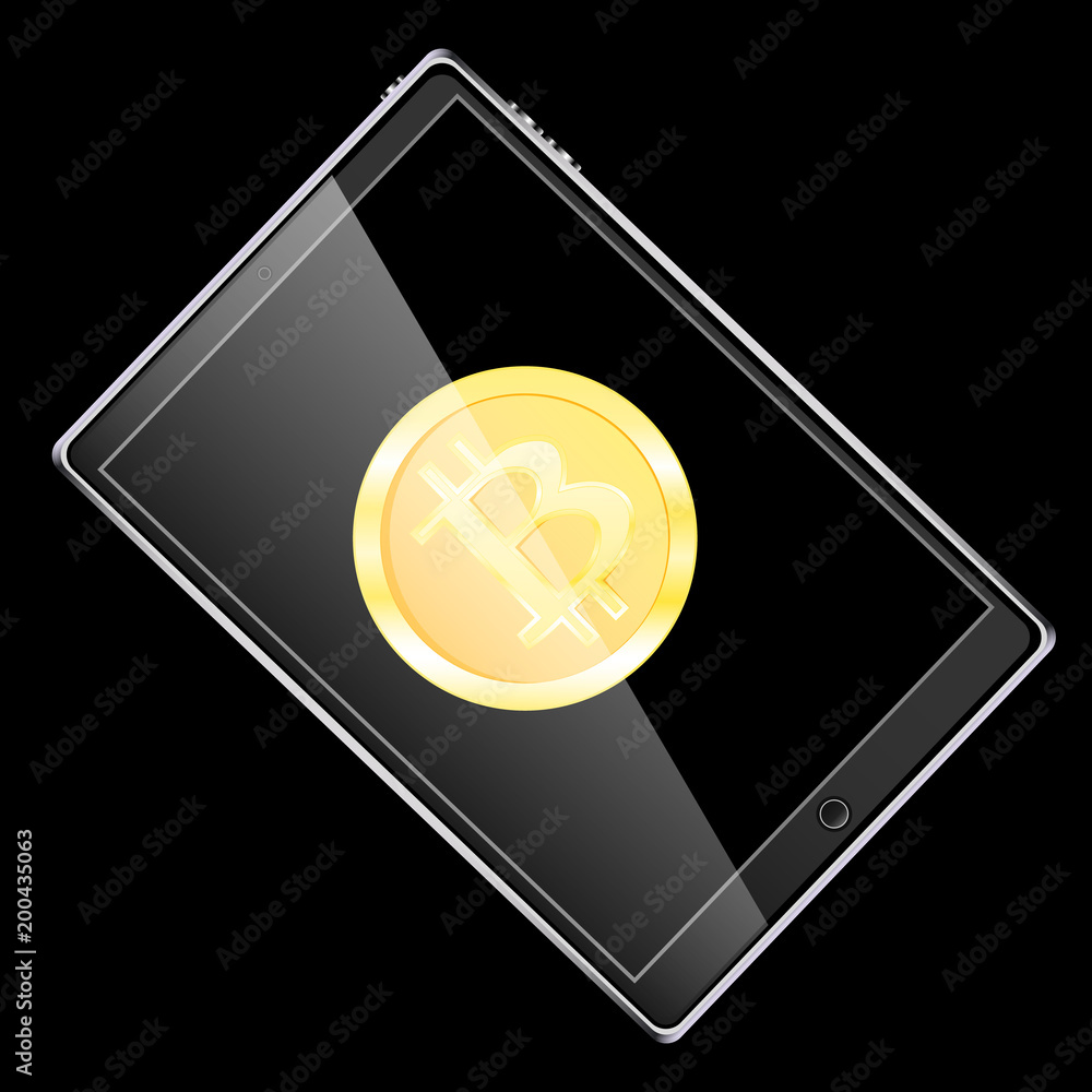 Poster a large black realistic mobile touch-sensitive slim tablet computer turned on its side with a gold c