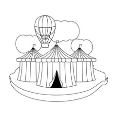 circus tents and hot air balloon icon over white background, vector illustration
