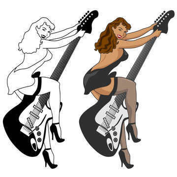 Vintage Style Pin-up Girl Riding Electric Guitar Vector Illustration