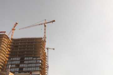 Industrial construction cranes and building isolated on the gray background