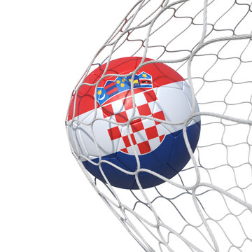 Croatia Croatian flag soccer ball inside the net, in a net.