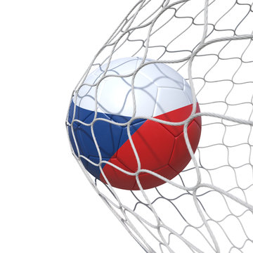 Czech Czechian flag soccer ball inside the net, in a net.