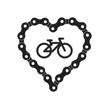 Vector Heart Made Of Bike Or Bicycle Chain. Black Heart Silhouette Background Plus Bicycle Sample Icon