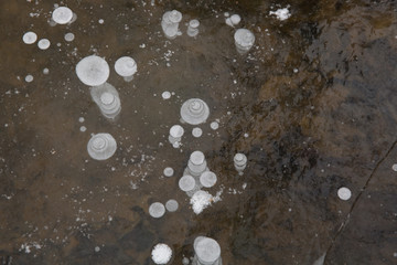 Frozen air pockets in pond