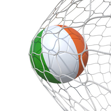 Ireland Irish flag soccer ball inside the net, in a net.